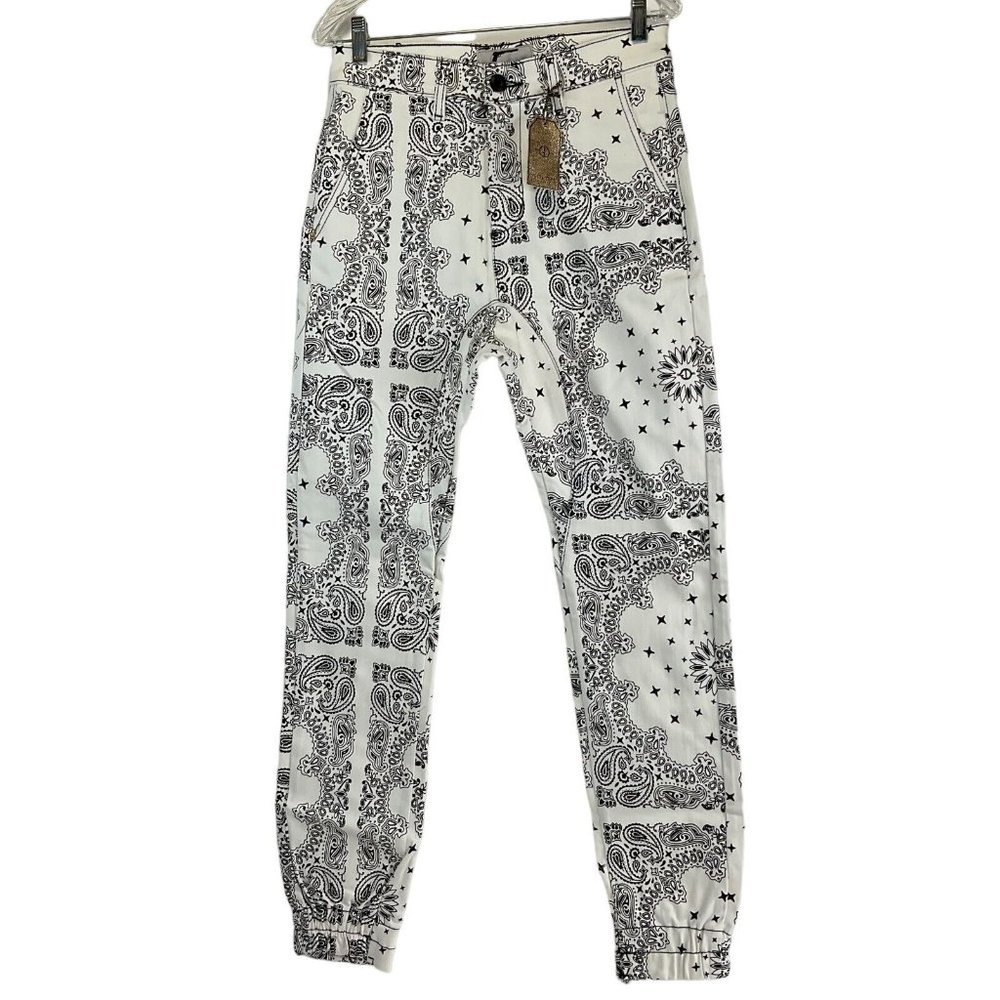 Golden Denim Jogger Pants Men's Size 30 White Paisley Print Stretch $110 Nwt